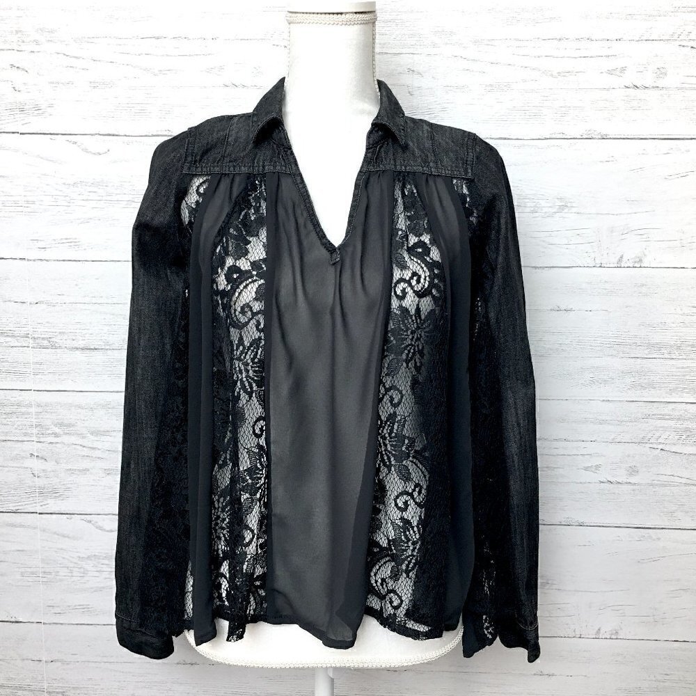 Free People Women's Black Denim & Lace Crop Top Long Sleeves Boho Open Back XS